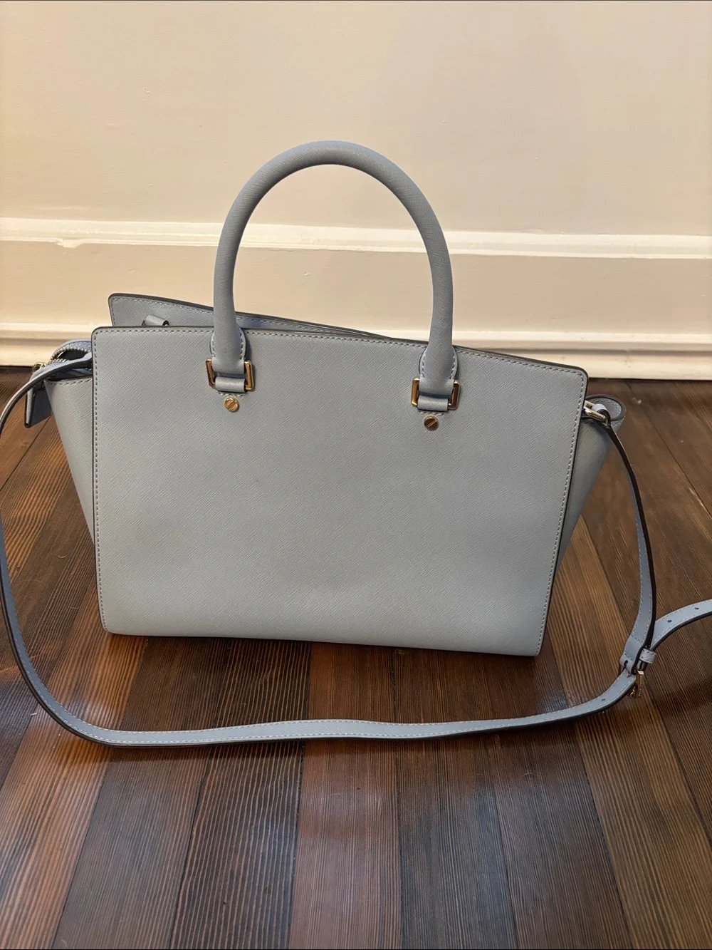 Michael Kors Pale Blue Saffiano Satchel with Gold Hardware
